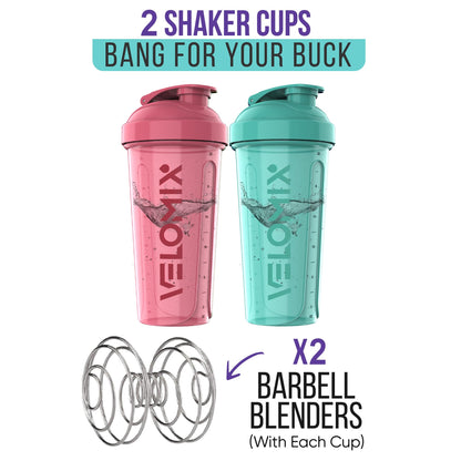 VELOMIX - 2 Pack- 28 oz Protein Shaker Bottles for Protein Mixes - 2x Wire Whisk | Leak Proof Shaker Cups for Protein Shakes | Protein Shaker Bottle Pack (Black/Transparent) - My Store