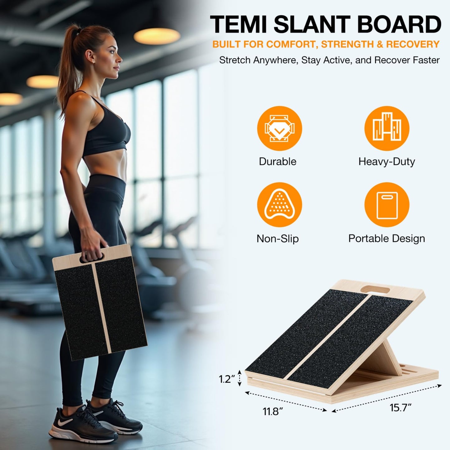 TEMI Slant Board for Calf-Stretching - Wooden Incline Wedge Stretcher for Squats, Foot & Ankle Mobility, Portable Fitness Equipment, Balance Block for Heel Stretch - My Store