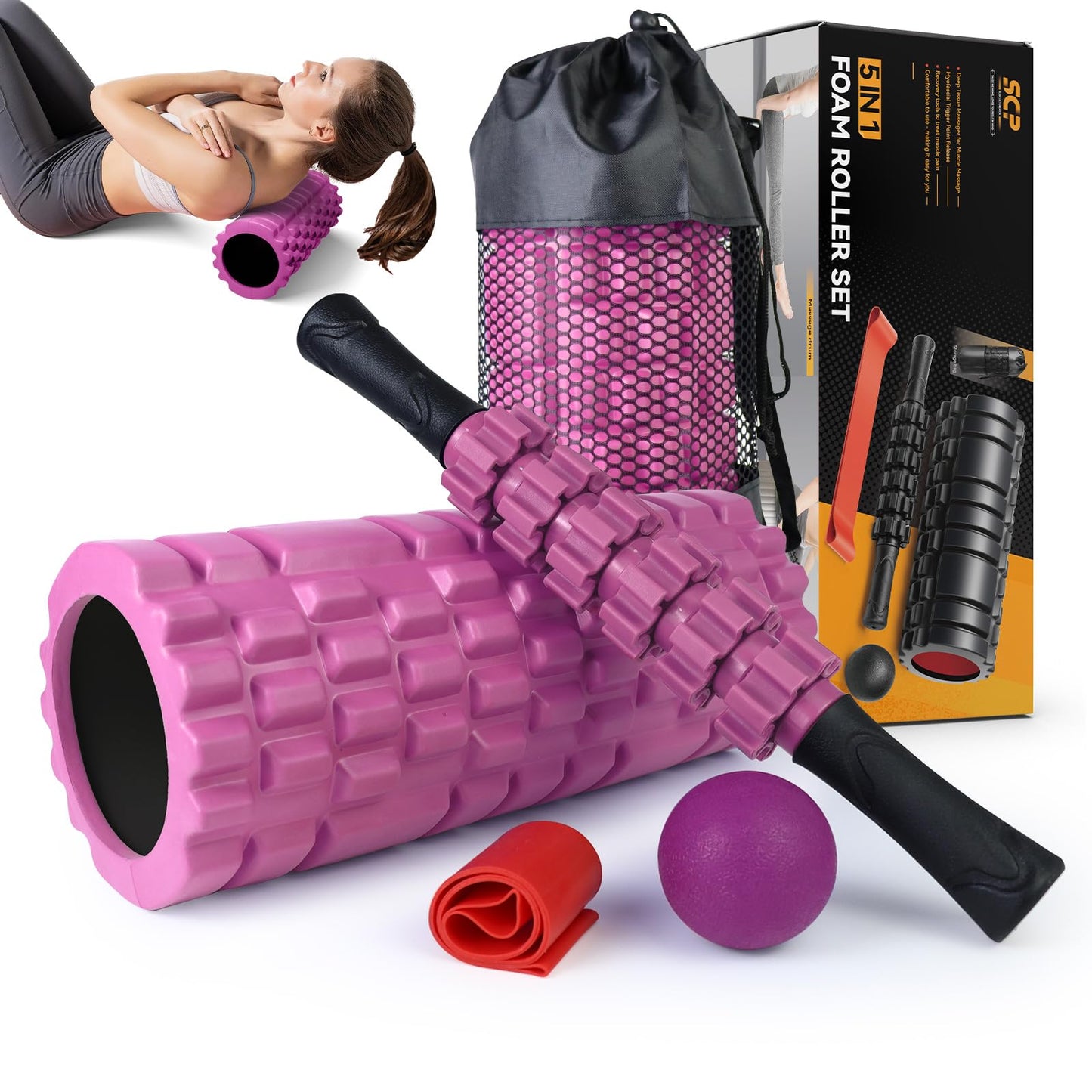 5 in1 Foam Roller Set, Trigger Point Foam Roller, Massage Roller Stick, Massage Ball, Resistance Band for Deep Muscle Massage Pilates Yoga,Fitness Exercise for Whole Body (Black-Red) - My Store