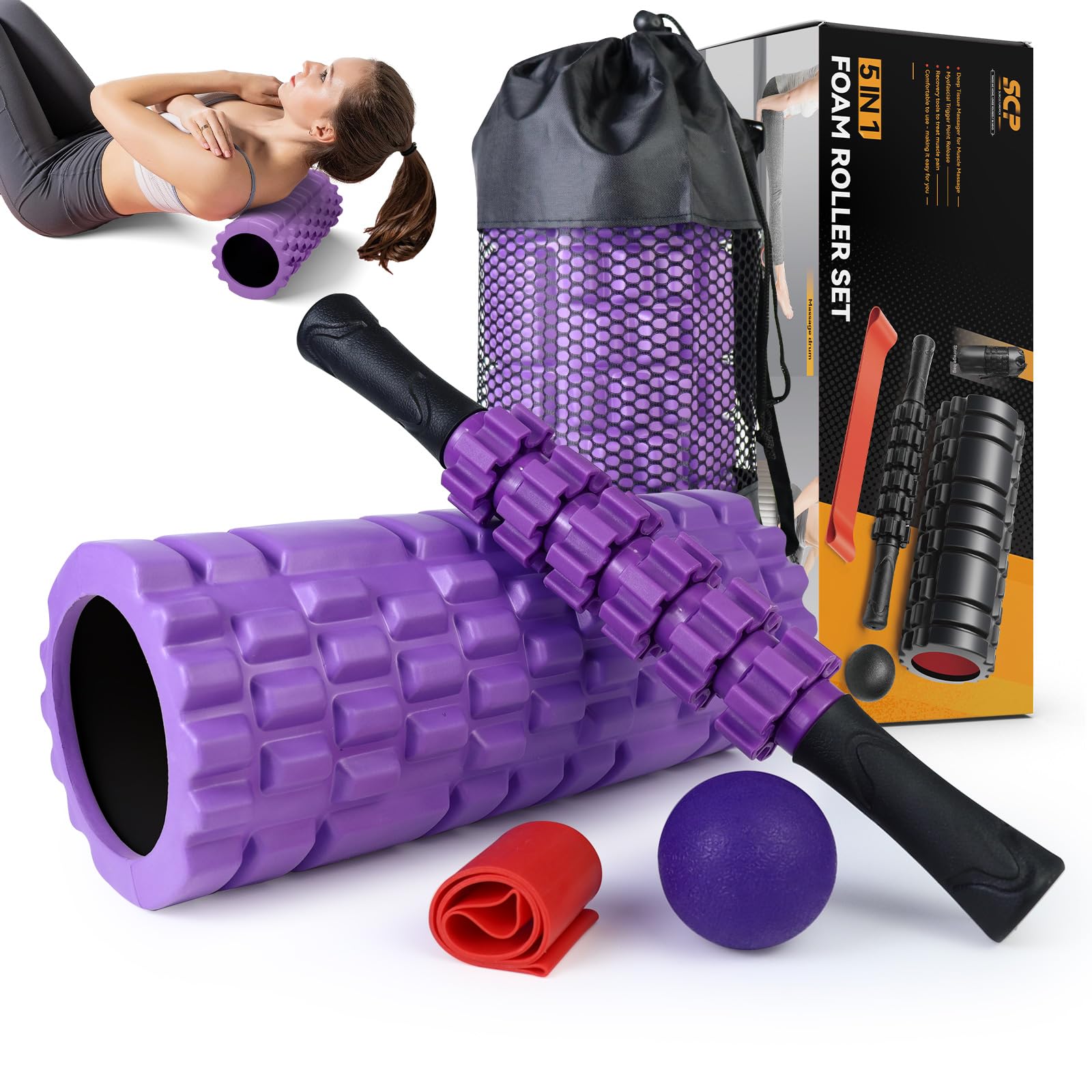 5 in1 Foam Roller Set, Trigger Point Foam Roller, Massage Roller Stick, Massage Ball, Resistance Band for Deep Muscle Massage Pilates Yoga,Fitness Exercise for Whole Body (Black-Red) - My Store