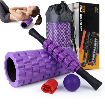 5 in1 Foam Roller Set, Trigger Point Foam Roller, Massage Roller Stick, Massage Ball, Resistance Band for Deep Muscle Massage Pilates Yoga,Fitness Exercise for Whole Body (Black-Red) - My Store