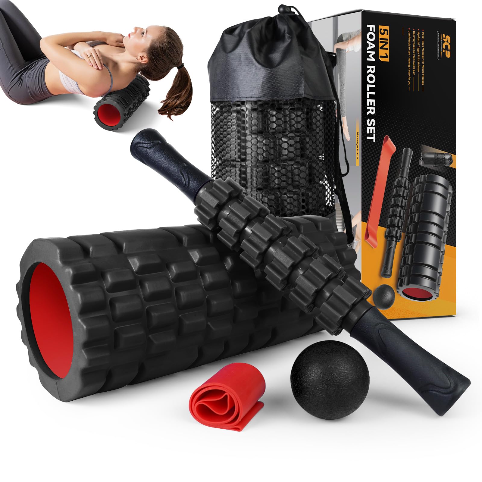 5 in1 Foam Roller Set, Trigger Point Foam Roller, Massage Roller Stick, Massage Ball, Resistance Band for Deep Muscle Massage Pilates Yoga,Fitness Exercise for Whole Body (Black-Red) - My Store
