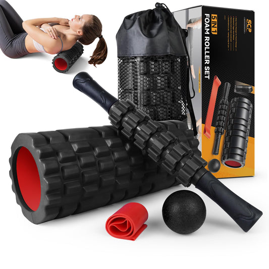 5 in1 Foam Roller Set, Trigger Point Foam Roller, Massage Roller Stick, Massage Ball, Resistance Band for Deep Muscle Massage Pilates Yoga,Fitness Exercise for Whole Body (Black-Red) - My Store