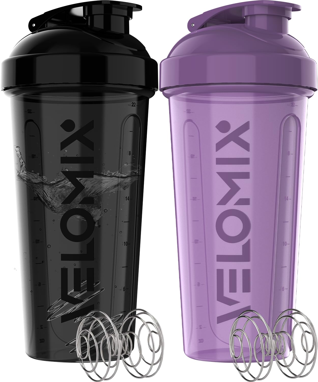 VELOMIX - 2 Pack- 28 oz Protein Shaker Bottles for Protein Mixes - 2x Wire Whisk | Leak Proof Shaker Cups for Protein Shakes | Protein Shaker Bottle Pack (Black/Transparent) - My Store