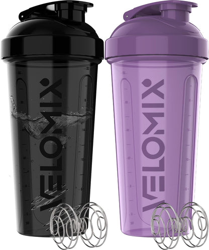 VELOMIX - 2 Pack- 28 oz Protein Shaker Bottles for Protein Mixes - 2x Wire Whisk | Leak Proof Shaker Cups for Protein Shakes | Protein Shaker Bottle Pack (Black/Transparent) - My Store