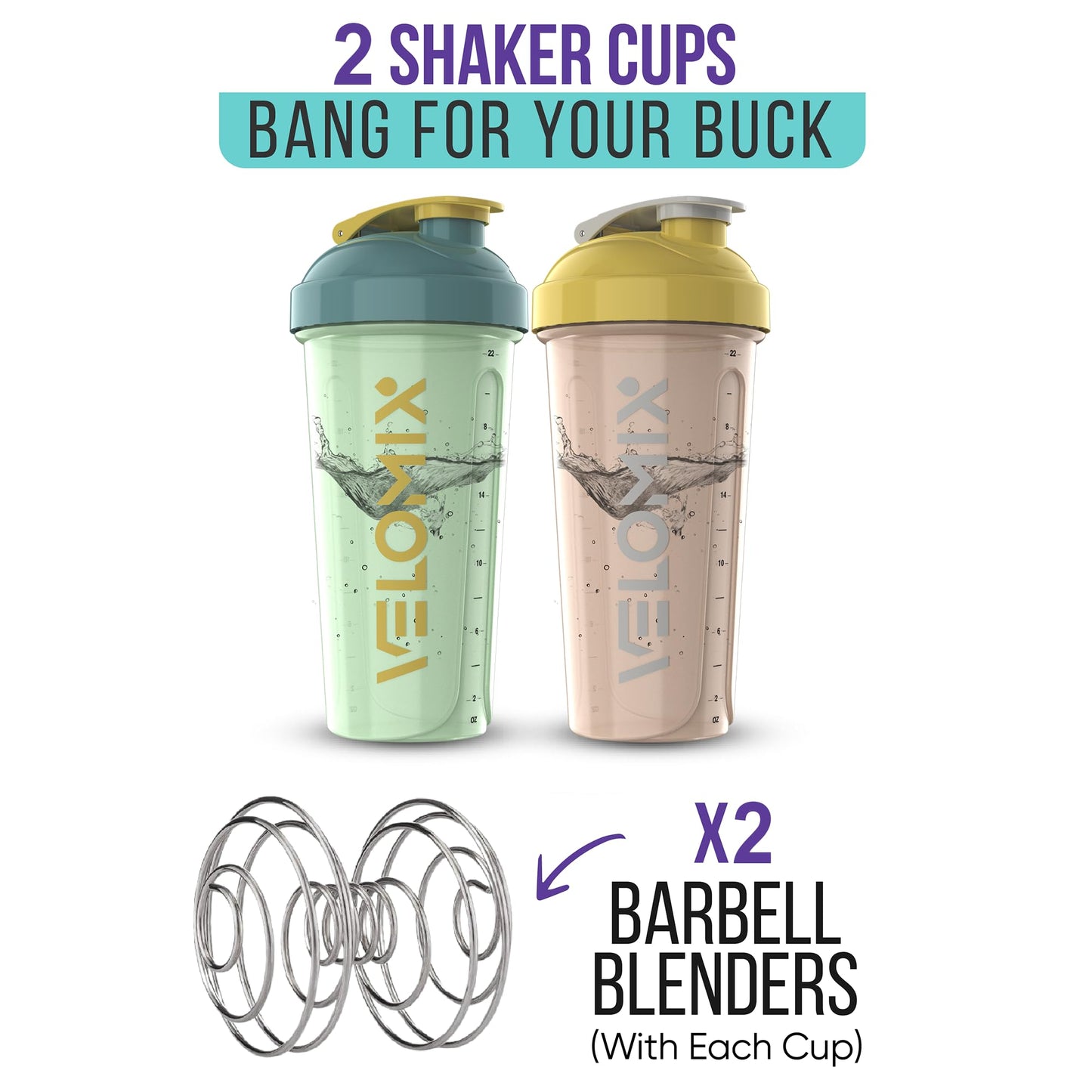 VELOMIX - 2 Pack- 28 oz Protein Shaker Bottles for Protein Mixes - 2x Wire Whisk | Leak Proof Shaker Cups for Protein Shakes | Protein Shaker Bottle Pack (Black/Transparent) - My Store