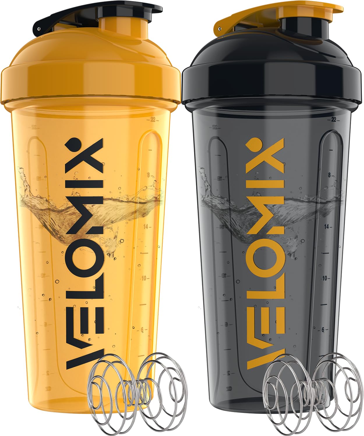VELOMIX - 2 Pack- 28 oz Protein Shaker Bottles for Protein Mixes - 2x Wire Whisk | Leak Proof Shaker Cups for Protein Shakes | Protein Shaker Bottle Pack (Black/Transparent) - My Store