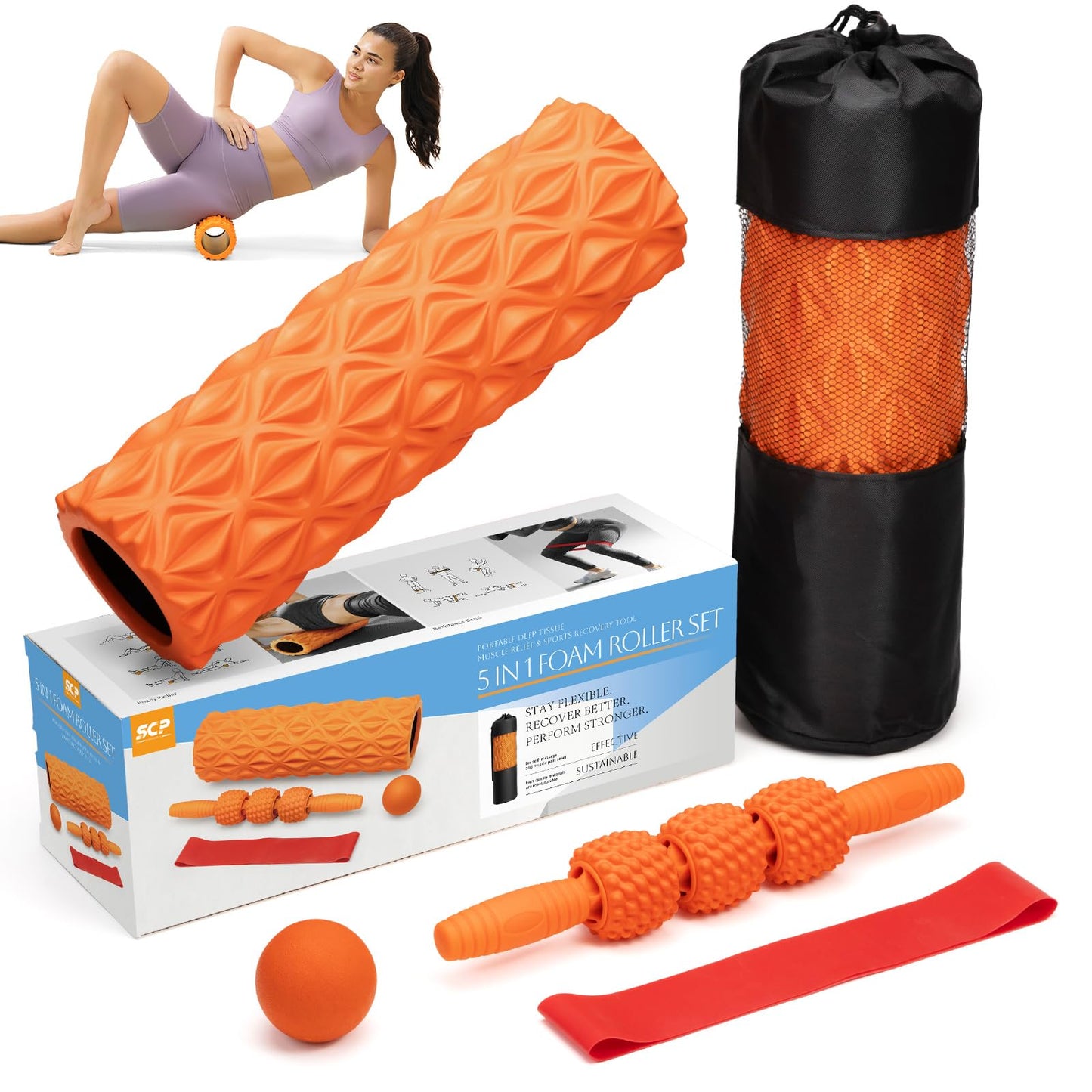 5 in1 Foam Roller Set, Trigger Point Foam Roller, Massage Roller Stick, Massage Ball, Resistance Band for Deep Muscle Massage Pilates Yoga,Fitness Exercise for Whole Body (Black-Red) - My Store
