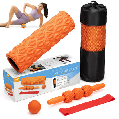 5 in1 Foam Roller Set, Trigger Point Foam Roller, Massage Roller Stick, Massage Ball, Resistance Band for Deep Muscle Massage Pilates Yoga,Fitness Exercise for Whole Body (Black-Red) - My Store