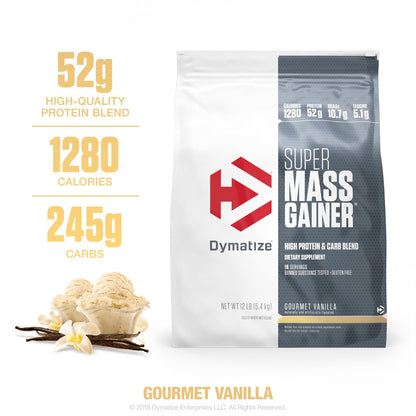 Dymatize Super Mass Gainer Protein Powder, Gourmet Vanilla, 52g Protein, 1g Creatine, 1280 Calories, 10.7g BCAAs, 245g Carbs, Contains Whey Protein Powder, Isolate, and Casein (8 Servings)
