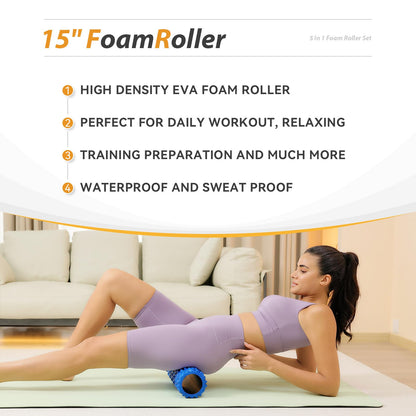 5 in1 Foam Roller Set, Trigger Point Foam Roller, Massage Roller Stick, Massage Ball, Resistance Band for Deep Muscle Massage Pilates Yoga,Fitness Exercise for Whole Body (Black-Red) - My Store