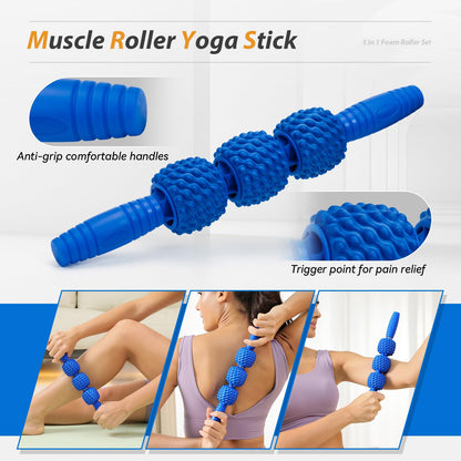 5 in1 Foam Roller Set, Trigger Point Foam Roller, Massage Roller Stick, Massage Ball, Resistance Band for Deep Muscle Massage Pilates Yoga,Fitness Exercise for Whole Body (Black-Red) - My Store