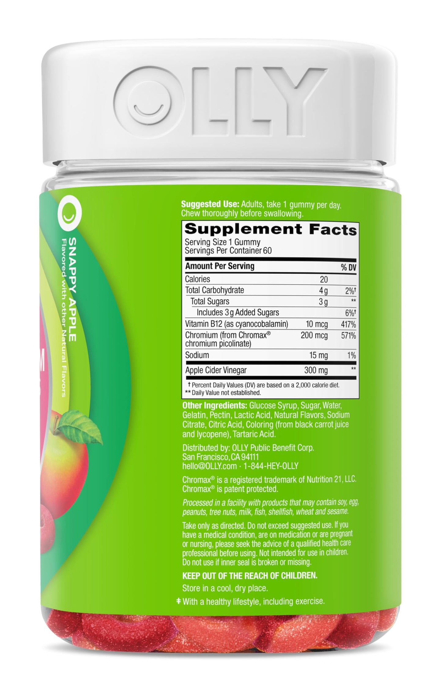 OLLY Metabolism Gummy Rings, Apple Cider Vinegar, Vitamin B12, Chromium, Energy and Digestive Health, Chewable Supplement, Apple Flavor - 30 Count