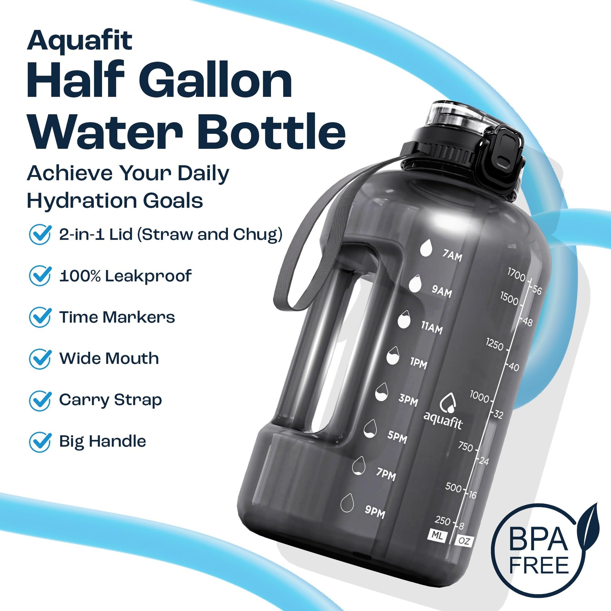 AQUAFIT 1 Gallon Water Bottle with Time Marker - Straw & Chug Lid - BPA Free Gym Water Bottle with Straw - Big Gallon Jug (Gray, 128 oz - 2 Lids) - My Store
