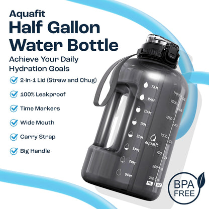 AQUAFIT 1 Gallon Water Bottle with Time Marker - Straw & Chug Lid - BPA Free Gym Water Bottle with Straw - Big Gallon Jug (Gray, 128 oz - 2 Lids) - My Store
