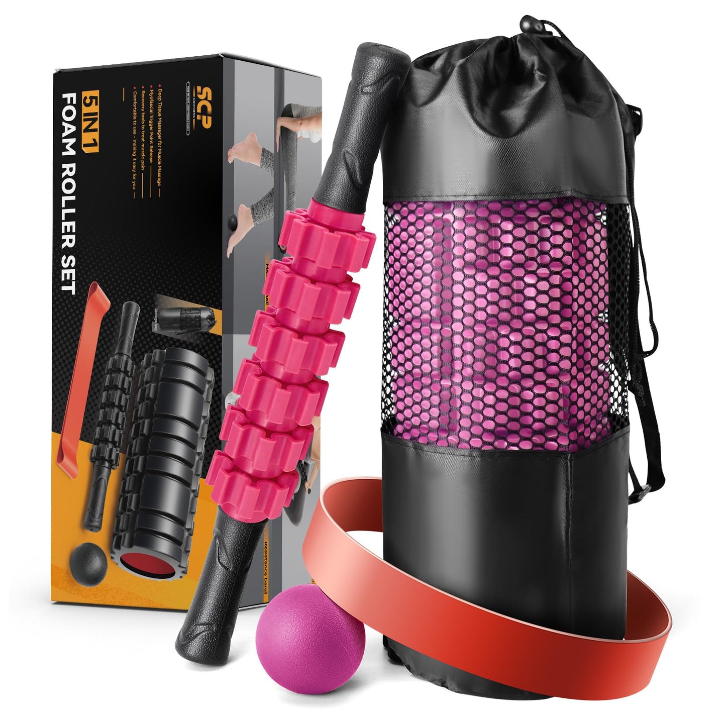 5 in1 Foam Roller Set, Trigger Point Foam Roller, Massage Roller Stick, Massage Ball, Resistance Band for Deep Muscle Massage Pilates Yoga,Fitness Exercise for Whole Body (Black-Red) - My Store