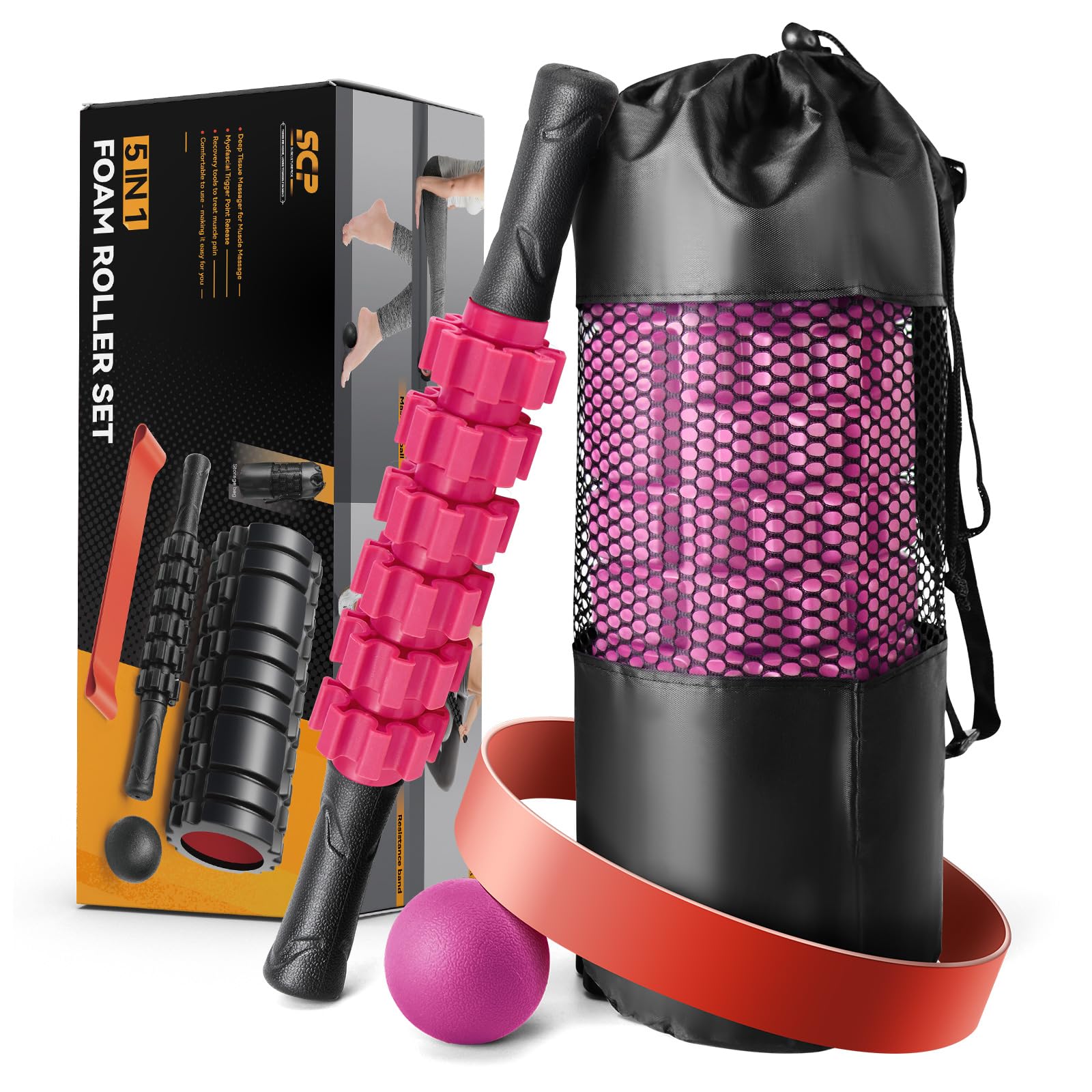 5 in1 Foam Roller Set, Trigger Point Foam Roller, Massage Roller Stick, Massage Ball, Resistance Band for Deep Muscle Massage Pilates Yoga,Fitness Exercise for Whole Body (Black-Red) - My Store