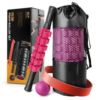5 in1 Foam Roller Set, Trigger Point Foam Roller, Massage Roller Stick, Massage Ball, Resistance Band for Deep Muscle Massage Pilates Yoga,Fitness Exercise for Whole Body (Black-Red) - My Store