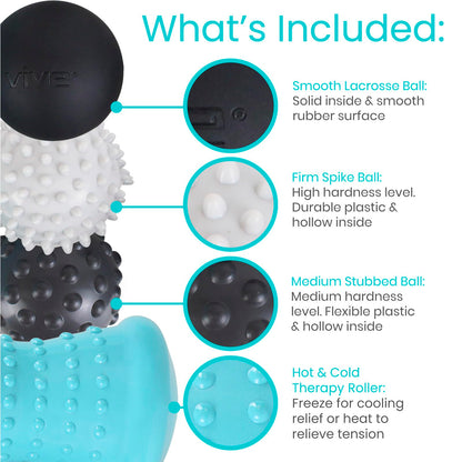 Vive Massage Ball Set (4 Piece) - Plantar Fasciitis Relief Foot Pain Hot Cold Therapy - Heel Spur, Sore Muscle, Trigger Point, Back, Arm, Neck, Shoulder, Leg Circulation Roller - My Store
