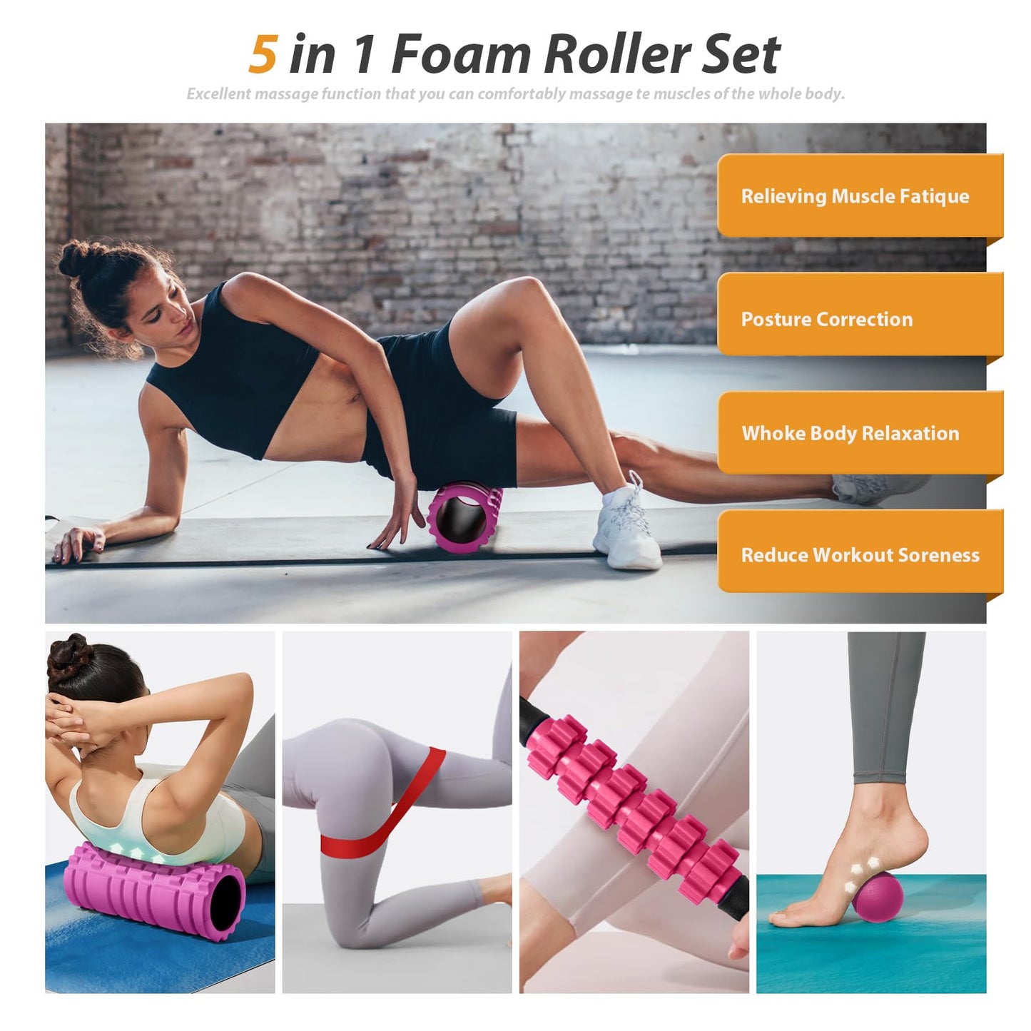 5 in1 Foam Roller Set, Trigger Point Foam Roller, Massage Roller Stick, Massage Ball, Resistance Band for Deep Muscle Massage Pilates Yoga,Fitness Exercise for Whole Body (Black-Red) - My Store