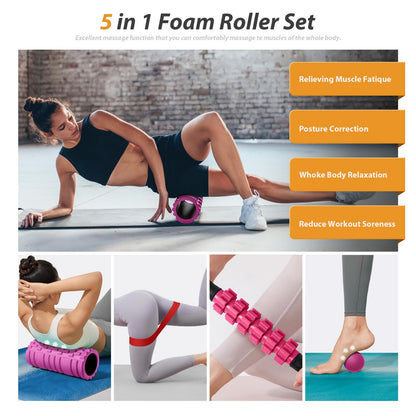 5 in1 Foam Roller Set, Trigger Point Foam Roller, Massage Roller Stick, Massage Ball, Resistance Band for Deep Muscle Massage Pilates Yoga,Fitness Exercise for Whole Body (Black-Red) - My Store