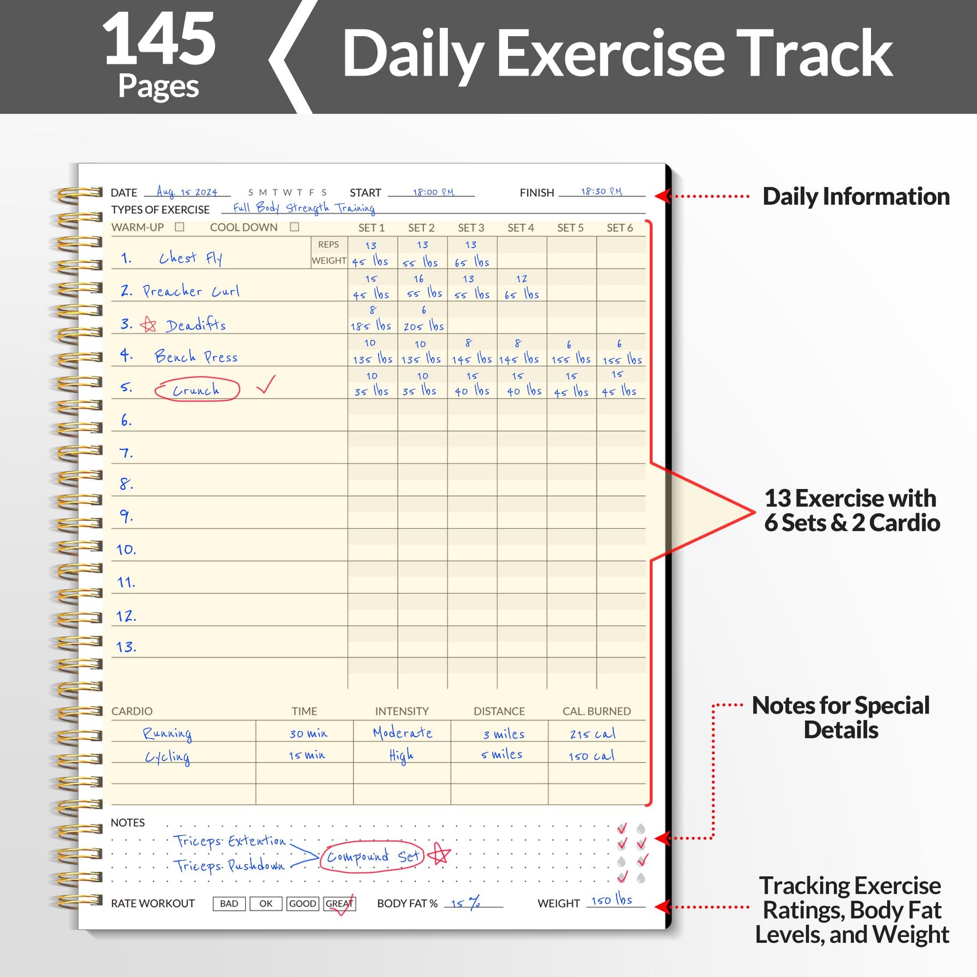 Fitness Journal Workout Planner for Women & Men, A5 (6.4" x 8.3") Workout Journal Log Book Planner Gift for Track Gym Essentials, Home Workouts, Track Progress, Achieve Wellness Goals, Black - My Store