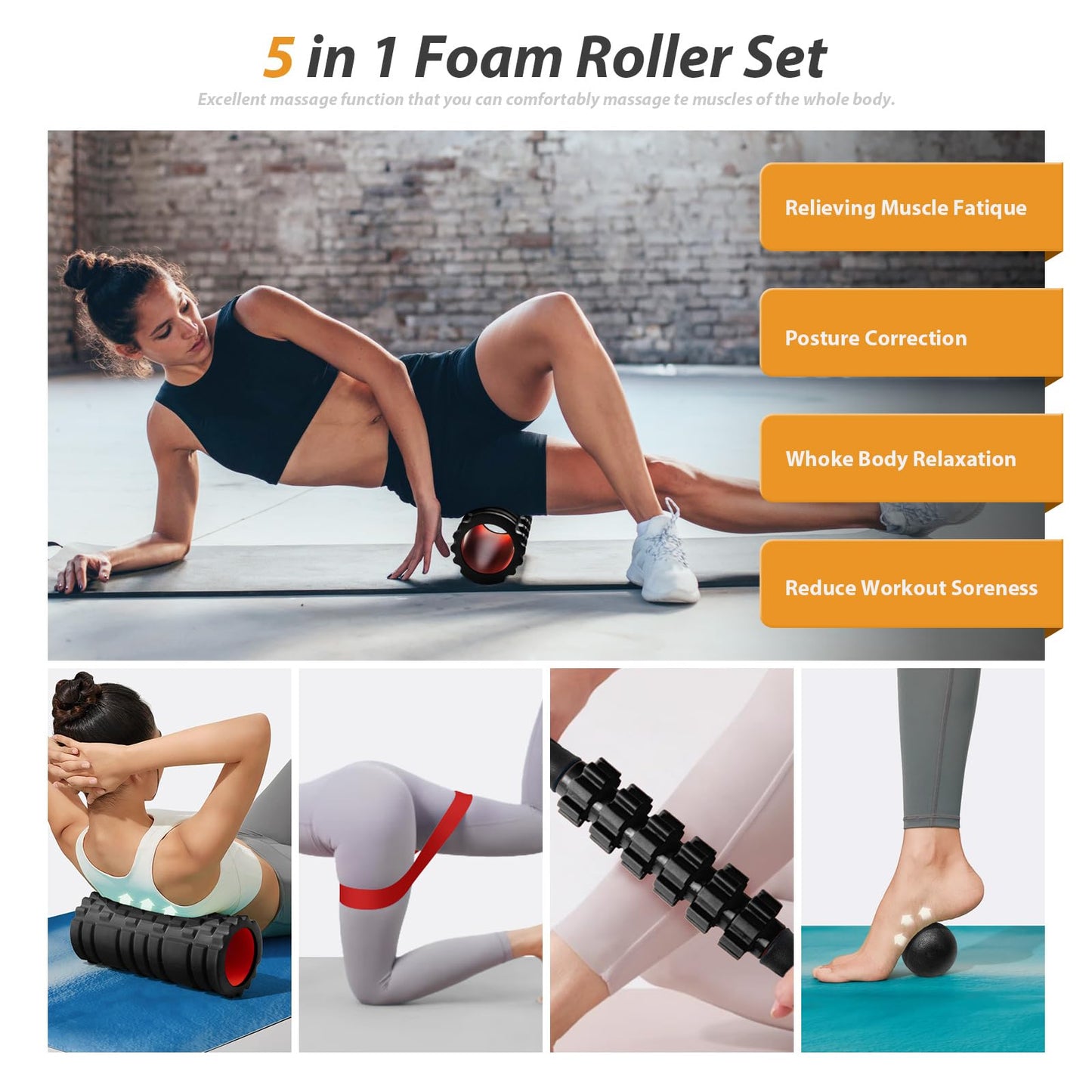 5 in1 Foam Roller Set, Trigger Point Foam Roller, Massage Roller Stick, Massage Ball, Resistance Band for Deep Muscle Massage Pilates Yoga,Fitness Exercise for Whole Body (Black-Red) - My Store