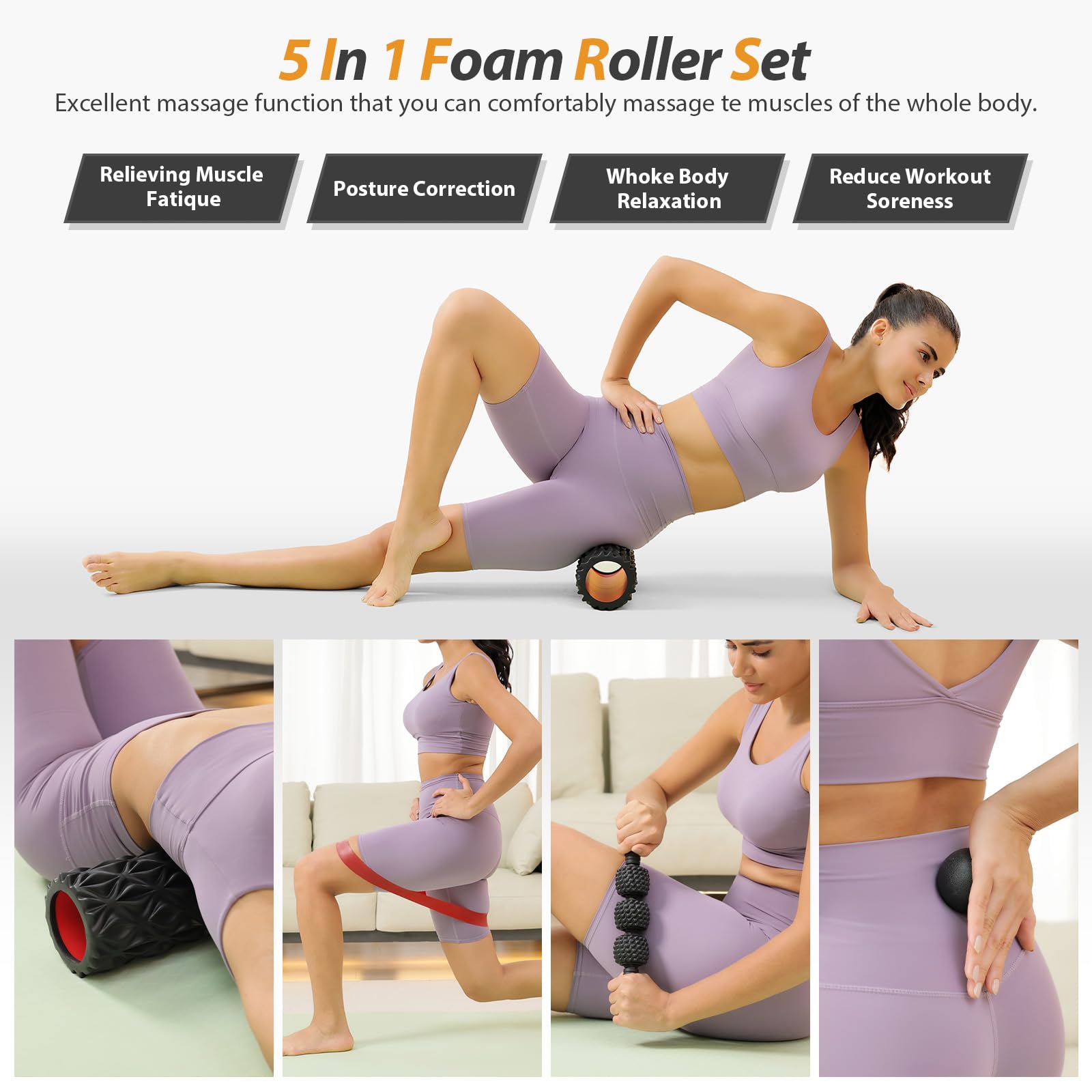 5 in1 Foam Roller Set, Trigger Point Foam Roller, Massage Roller Stick, Massage Ball, Resistance Band for Deep Muscle Massage Pilates Yoga,Fitness Exercise for Whole Body (Black-Red) - My Store