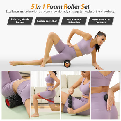 5 in1 Foam Roller Set, Trigger Point Foam Roller, Massage Roller Stick, Massage Ball, Resistance Band for Deep Muscle Massage Pilates Yoga,Fitness Exercise for Whole Body (Black-Red) - My Store