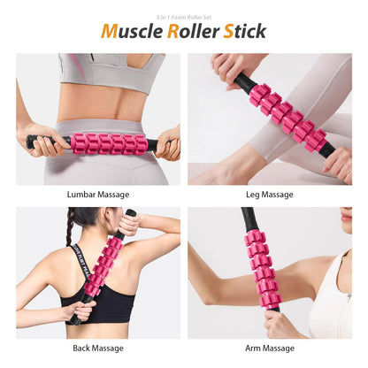 5 in1 Foam Roller Set, Trigger Point Foam Roller, Massage Roller Stick, Massage Ball, Resistance Band for Deep Muscle Massage Pilates Yoga,Fitness Exercise for Whole Body (Black-Red) - My Store