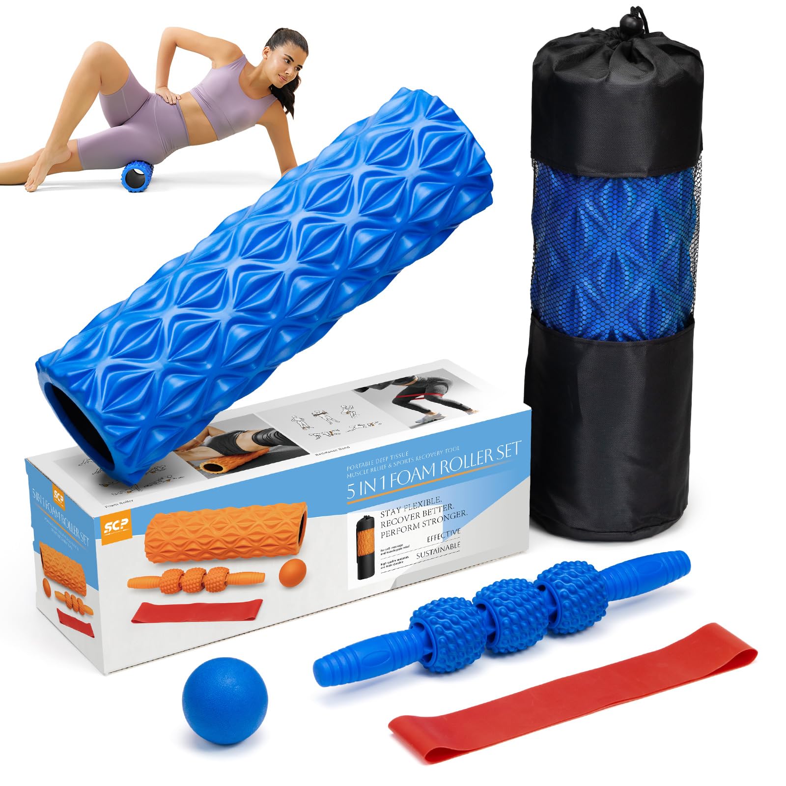 5 in1 Foam Roller Set, Trigger Point Foam Roller, Massage Roller Stick, Massage Ball, Resistance Band for Deep Muscle Massage Pilates Yoga,Fitness Exercise for Whole Body (Black-Red) - My Store
