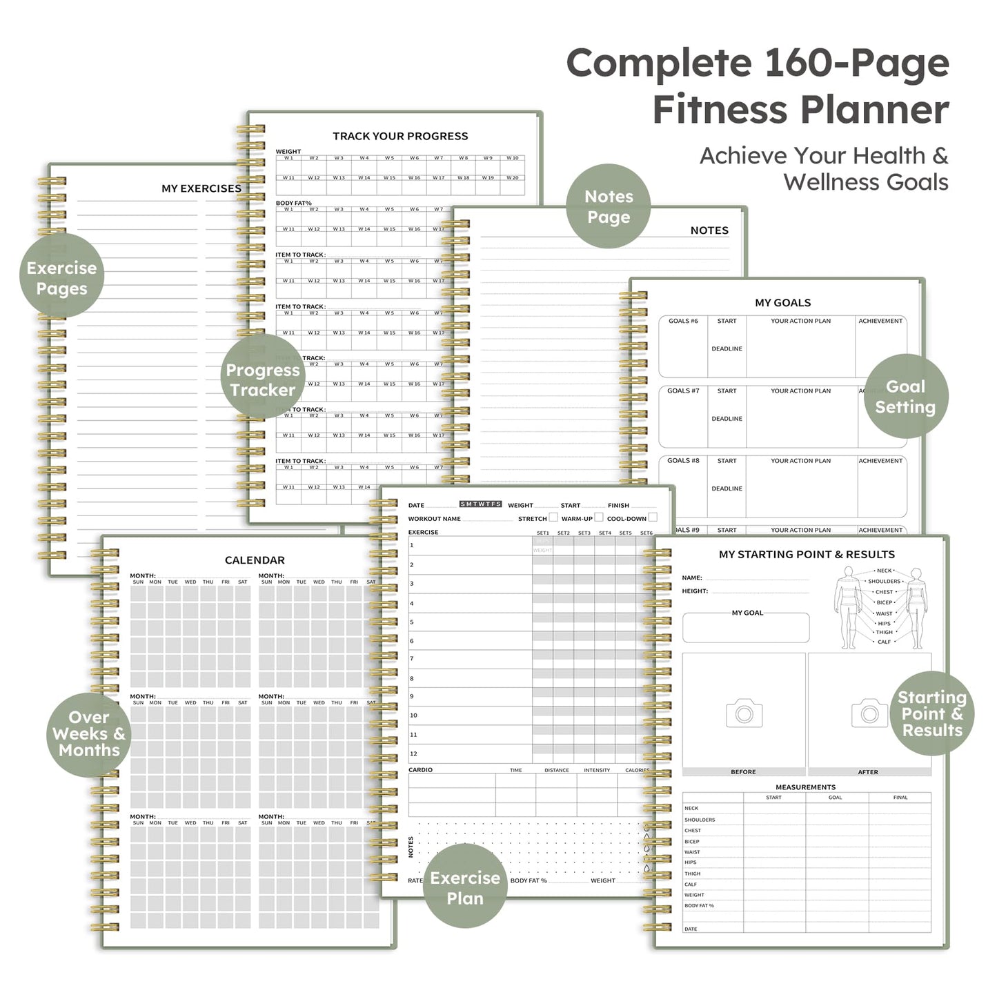 Fitness Workout Journal for Women & Men, A5(5.5" x 8.2") Workout Log Book Planner for Tracking, Progress, and Achieving Your Wellness Goals - Green - My Store