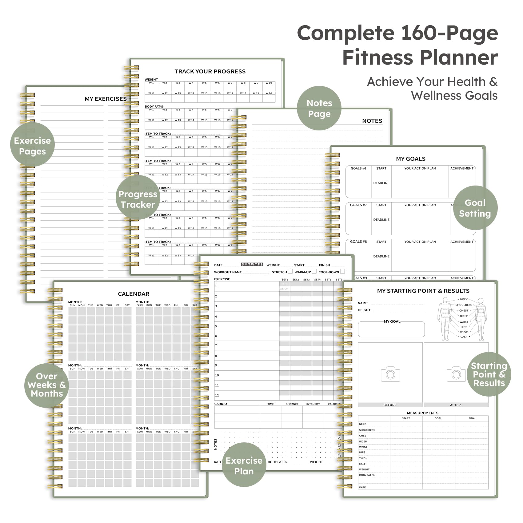 Fitness Workout Journal for Women & Men, A5(5.5" x 8.2") Workout Log Book Planner for Tracking, Progress, and Achieving Your Wellness Goals - Green - My Store