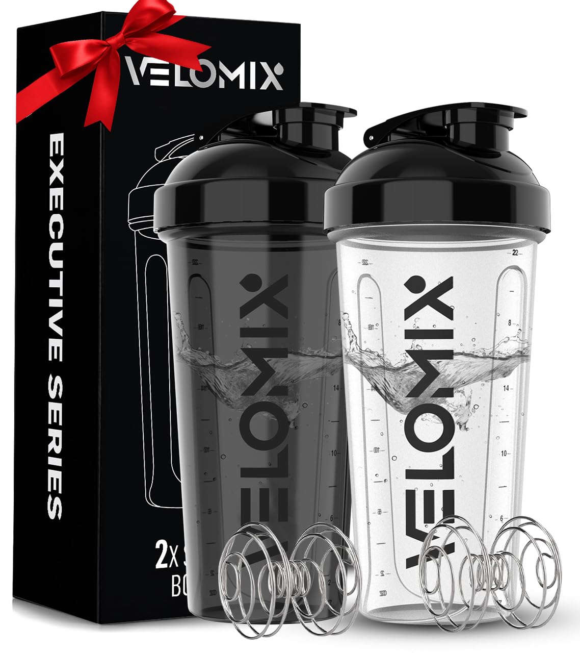 VELOMIX - 2 Pack- 28 oz Protein Shaker Bottles for Protein Mixes - 2x Wire Whisk | Leak Proof Shaker Cups for Protein Shakes | Protein Shaker Bottle Pack (Black/Transparent) - My Store