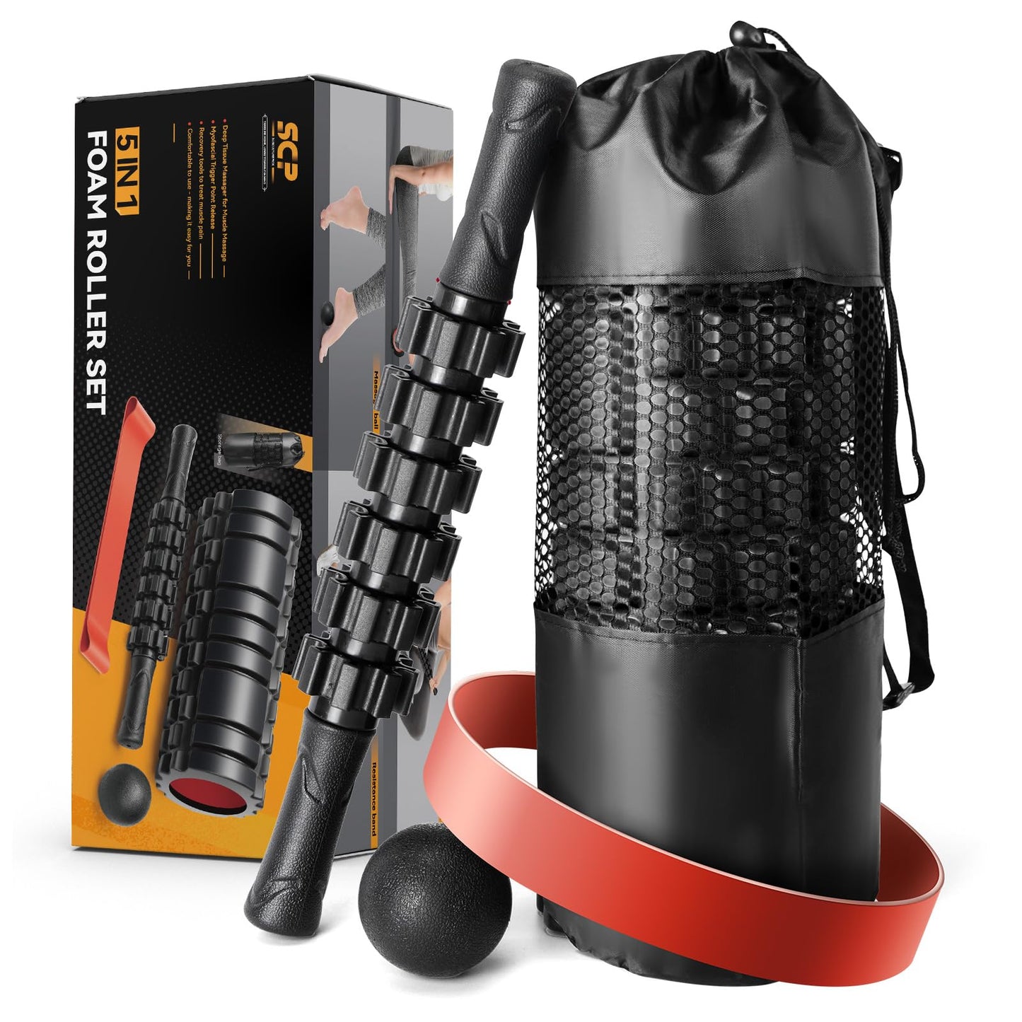 5 in1 Foam Roller Set, Trigger Point Foam Roller, Massage Roller Stick, Massage Ball, Resistance Band for Deep Muscle Massage Pilates Yoga,Fitness Exercise for Whole Body (Black-Red) - My Store