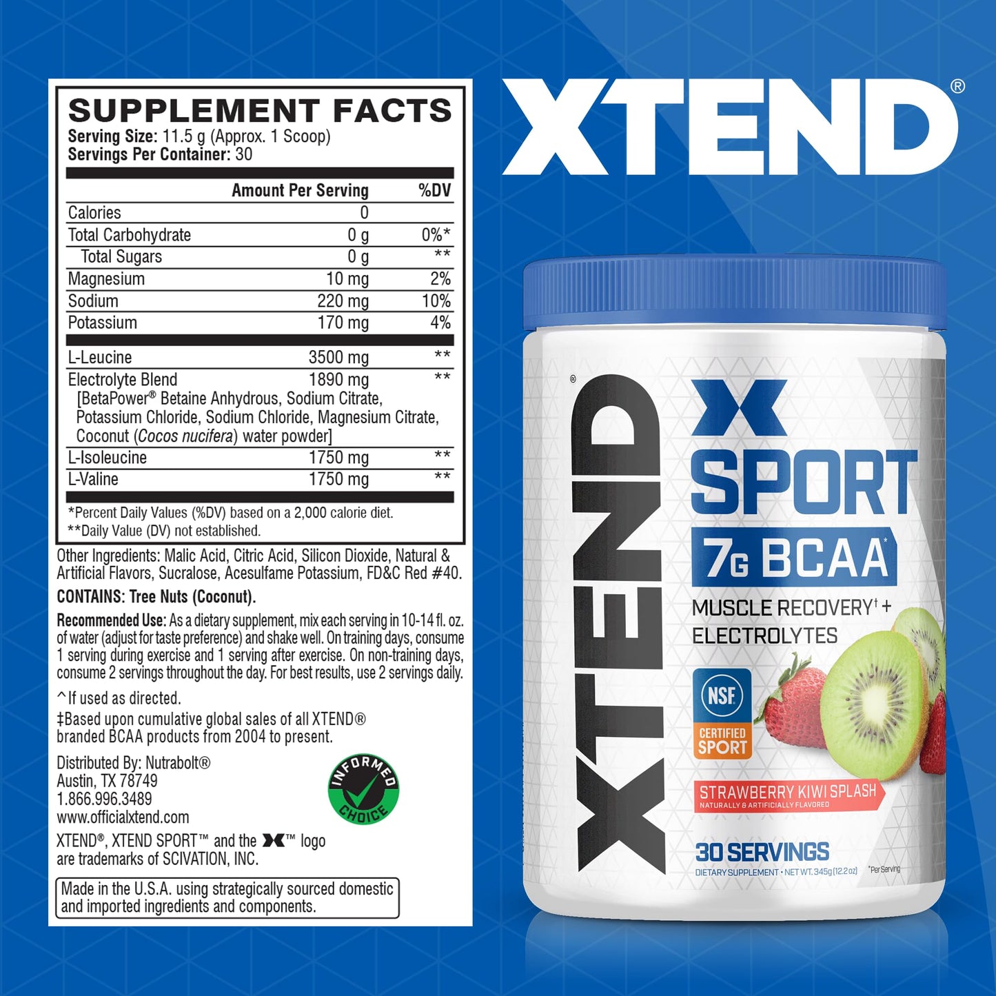 XTEND Sport BCAA Powder Blue Raspberry Ice - Electrolyte Powder for Recovery & Hydration with Amino Acids - 30 Servings
