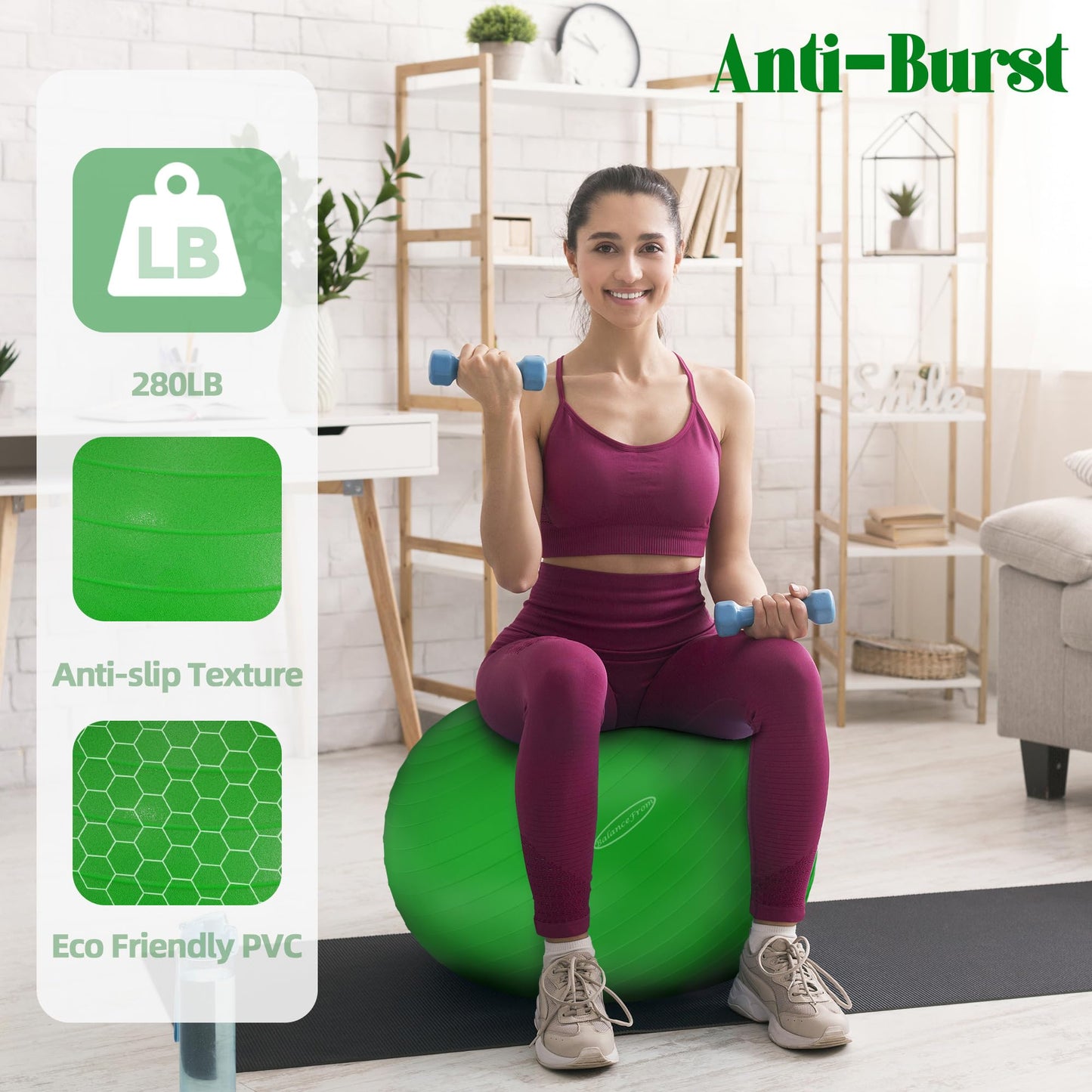 Anti-Burst and Slip Resistant Exercise Yoga Fitness Birthing Ball with Quick Pump, 2,000-Pound Capacity, Multiple Colors and Sizes - My Store