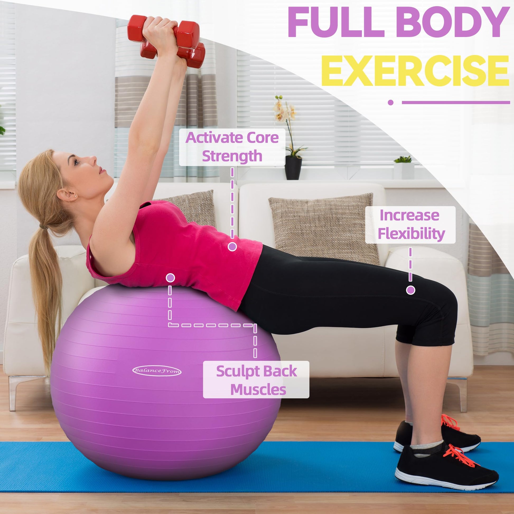 Anti-Burst and Slip Resistant Exercise Yoga Fitness Birthing Ball with Quick Pump, 2,000-Pound Capacity, Multiple Colors and Sizes - My Store