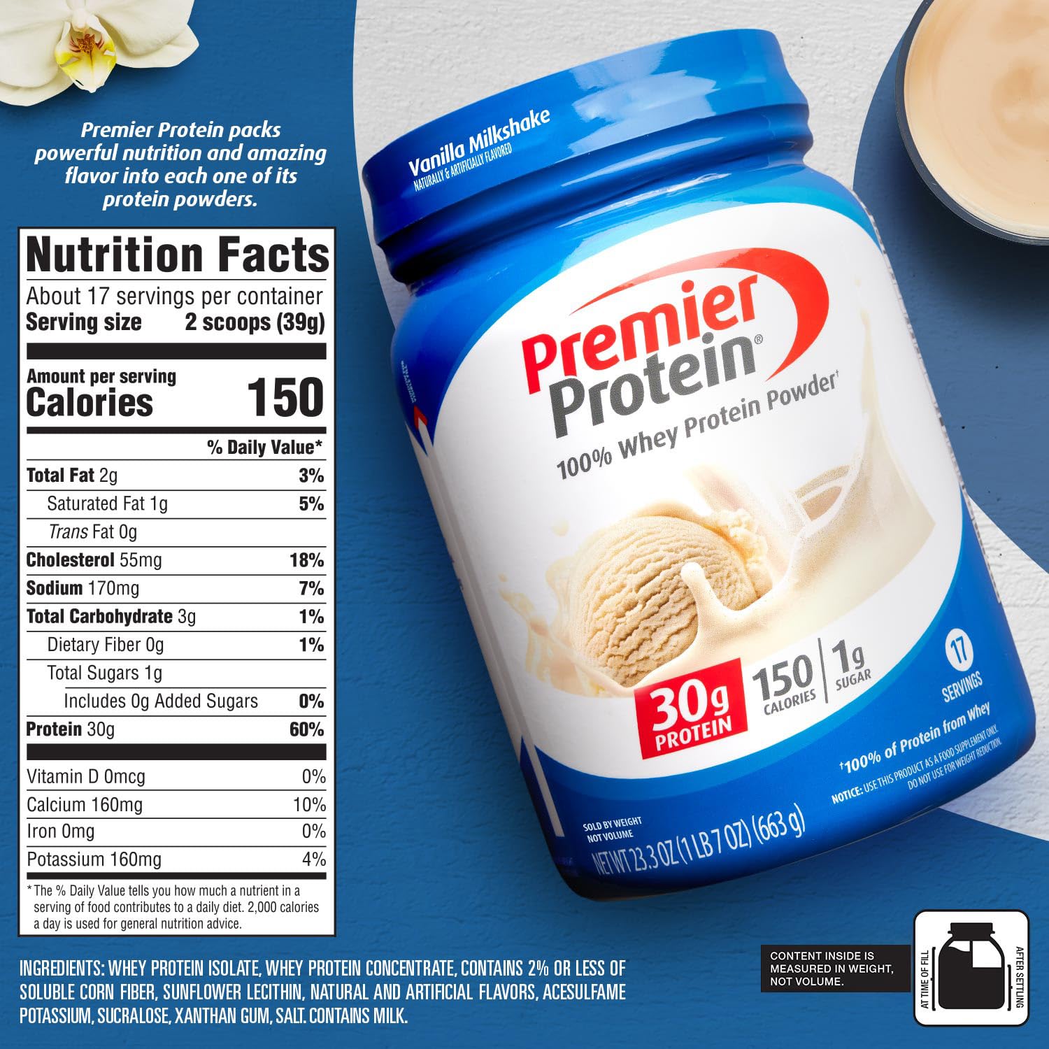 Premier Protein Powder, Vanilla Milkshake, 30g Protein, 1g Sugar, 100% Whey Protein, Keto Friendly, No Soy Ingredients, Gluten Free, 17 Servings, 23.3 Ounces - My Store