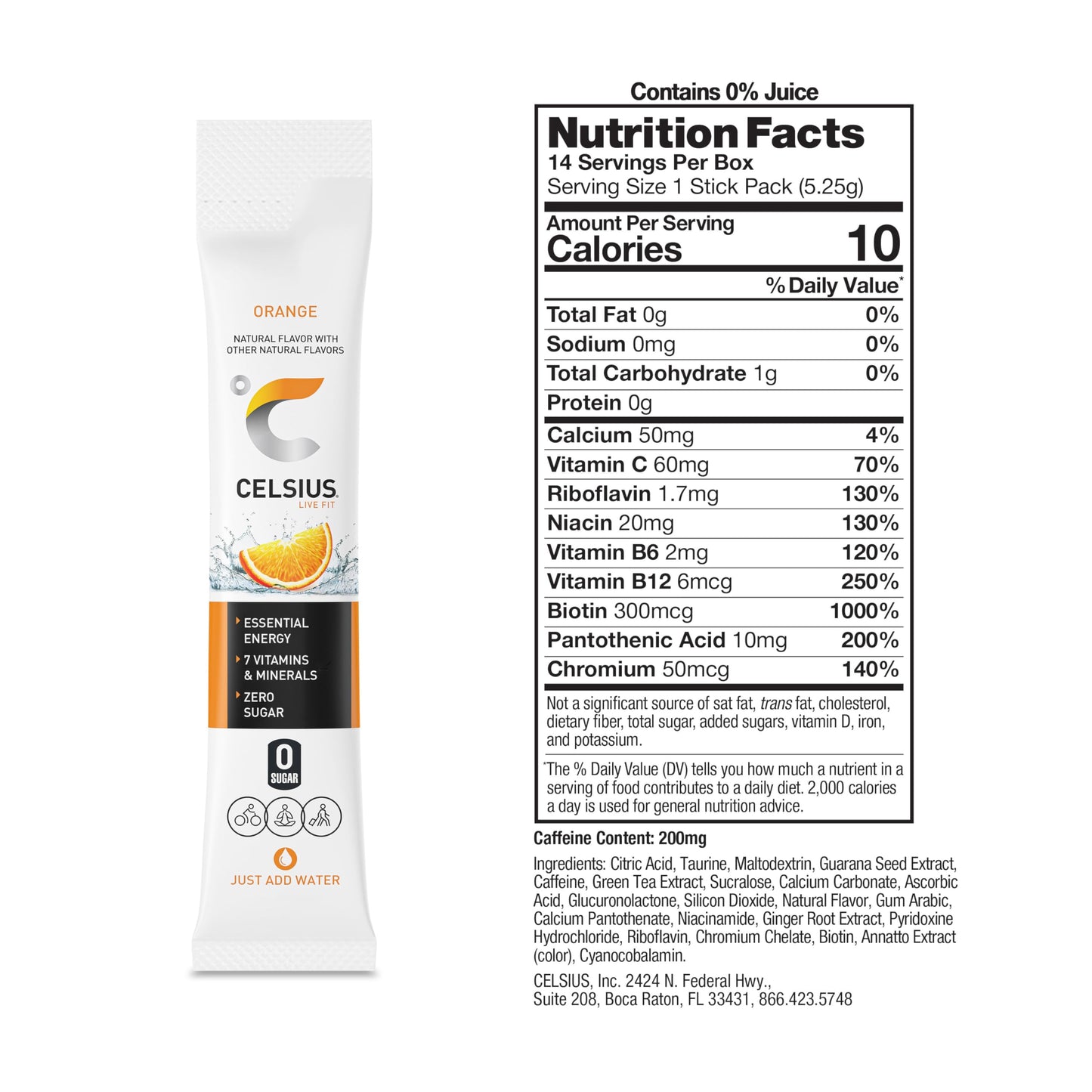 CELSIUS On-the-Go Powder Stick Zero Sugar (14 Sticks per Pack), Orange, 2.60 Oz