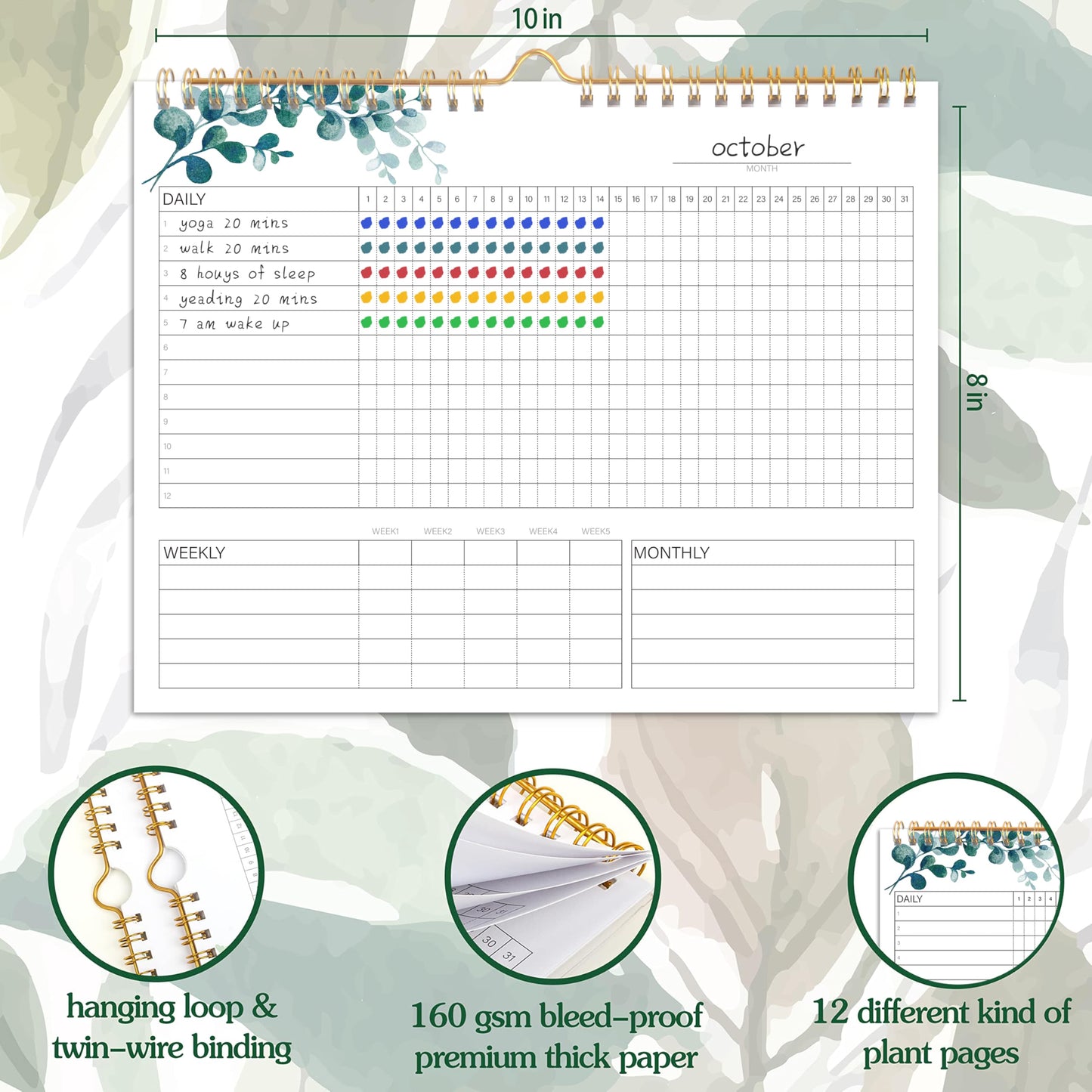 Habit Tracker Calendar- 12 Months Undated Daily Weekly & Monthly Period Habit Tracker Journal, Greenery Floral, Spiral Binding with Writable Goals Habits Track and Self Care Office Supplies. 8"x10" - My Store