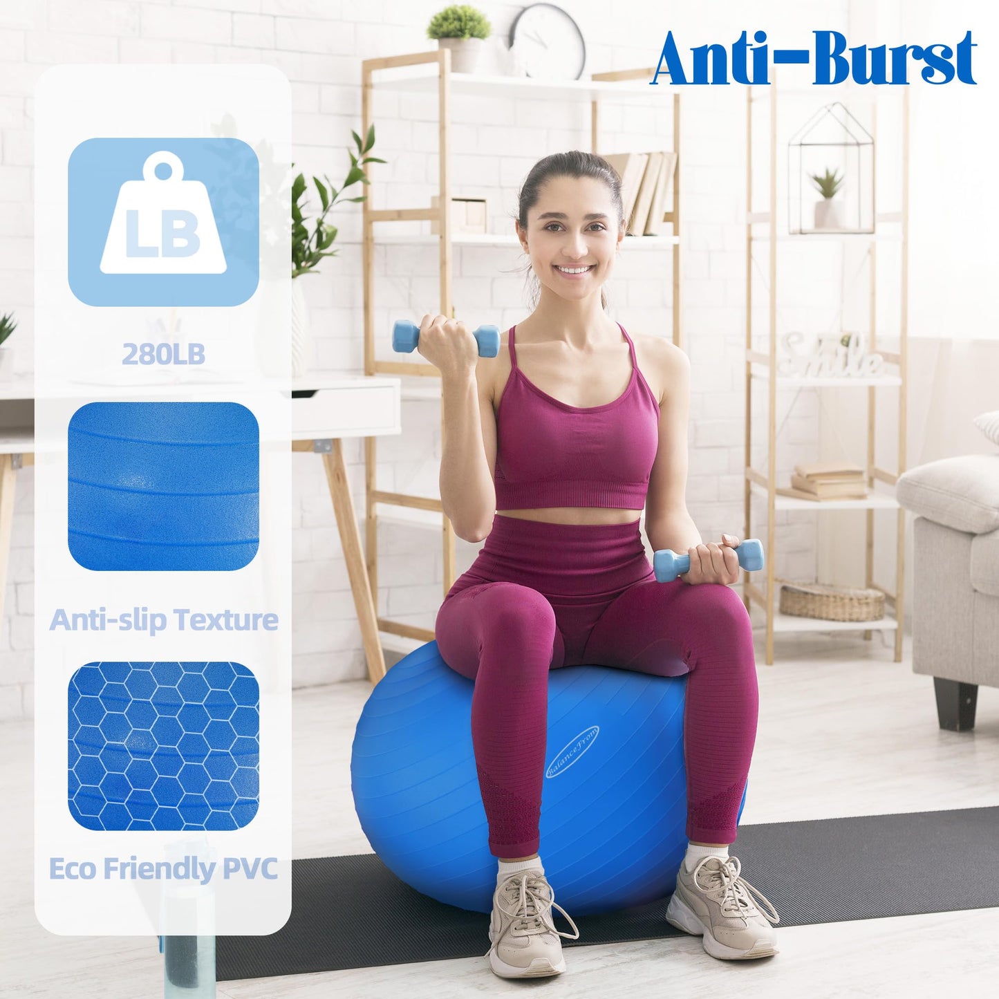 Anti-Burst and Slip Resistant Exercise Yoga Fitness Birthing Ball with Quick Pump, 2,000-Pound Capacity, Multiple Colors and Sizes - My Store