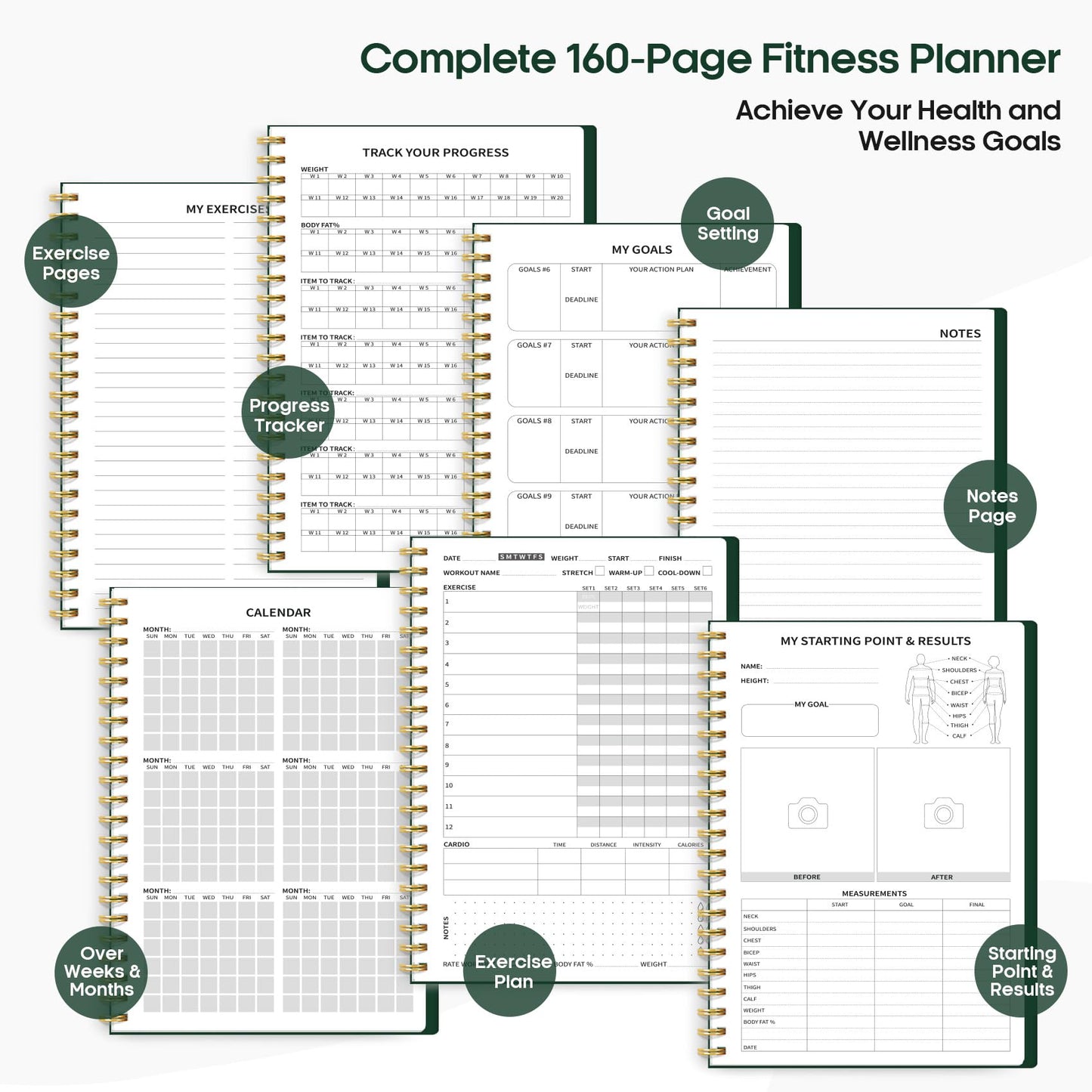 Fitness Workout Journal for Women & Men, A5(5.5" x 8.2") Workout Log Book Planner for Tracking, Progress, and Achieving Your Wellness Goals - Green - My Store