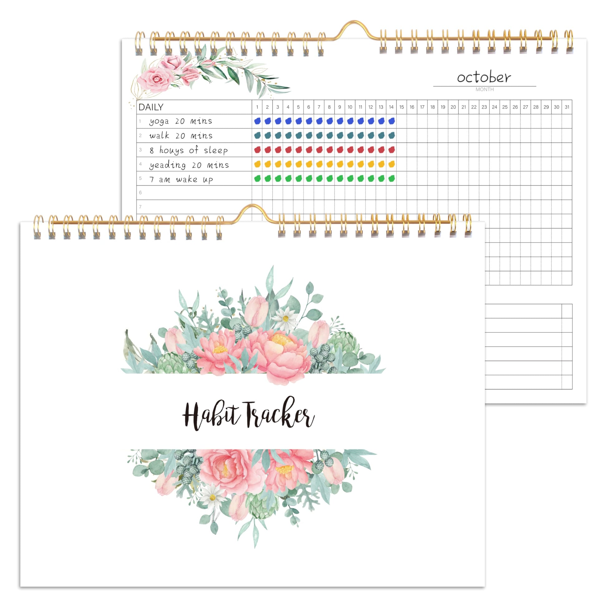 Habit Tracker Calendar- 12 Months Undated Daily Weekly & Monthly Period Habit Tracker Journal, Greenery Floral, Spiral Binding with Writable Goals Habits Track and Self Care Office Supplies. 8"x10" - My Store