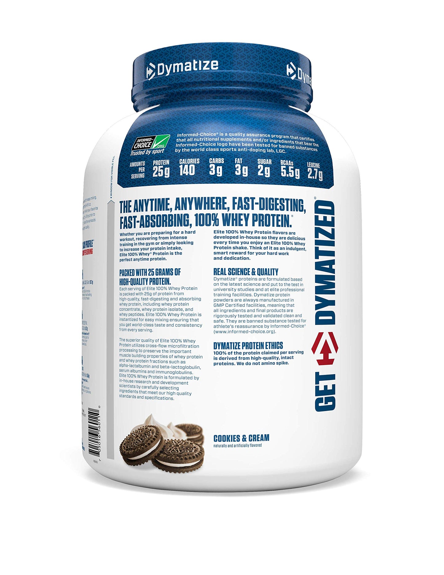 Dymatize Elite 100% Whey Protein Powder, Cookies & Cream, 25g of Protein, 5.5g BCAAs, Less Than 140 Cal., Gluten Free, 3g Carb, 2g Sugar, 3g Fat (25 Servings)