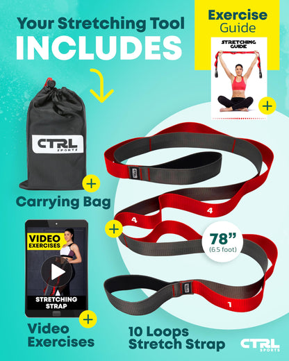 Stretching Strap with Loops - Non Elastic Stretch Band for Physical Therapy, Yoga Strap for Stretching Equipment, Stretch Bands for Exercise and Flexibility - Fascia, Hamstring & Leg Stretcher Belt - My Store