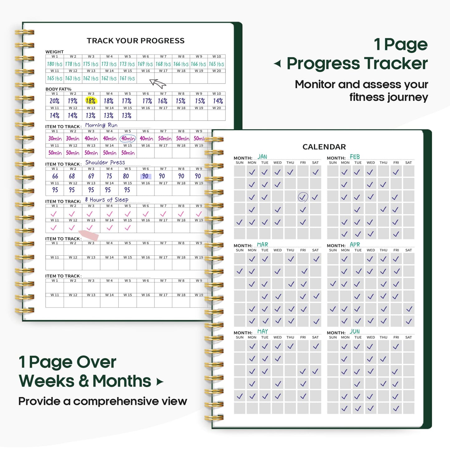 Fitness Workout Journal for Women & Men, A5(5.5" x 8.2") Workout Log Book Planner for Tracking, Progress, and Achieving Your Wellness Goals - Green - My Store