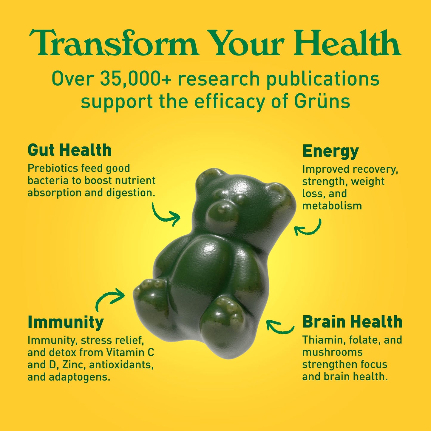 Gruns Adults Super Greens Gummies, Multivitamin Superfood Gummy Bears with Spirulina, Chlorella, Prebiotics & Fiber for Digestive Health, Adaptogens Supplement with 20 Vitamins & Minerals, 28 Count - My Store