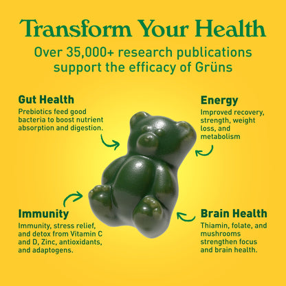 Gruns Adults Super Greens Gummies, Multivitamin Superfood Gummy Bears with Spirulina, Chlorella, Prebiotics & Fiber for Digestive Health, Adaptogens Supplement with 20 Vitamins & Minerals, 28 Count - My Store