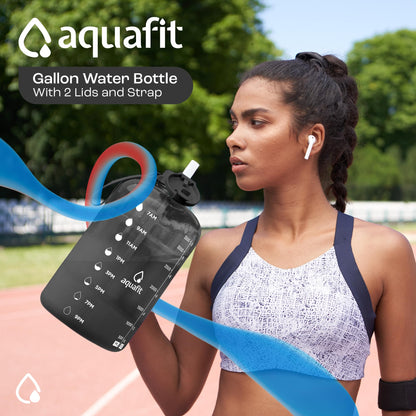 AQUAFIT 1 Gallon Water Bottle with Time Marker - Straw & Chug Lid - BPA Free Gym Water Bottle with Straw - Big Gallon Jug (Gray, 128 oz - 2 Lids) - My Store